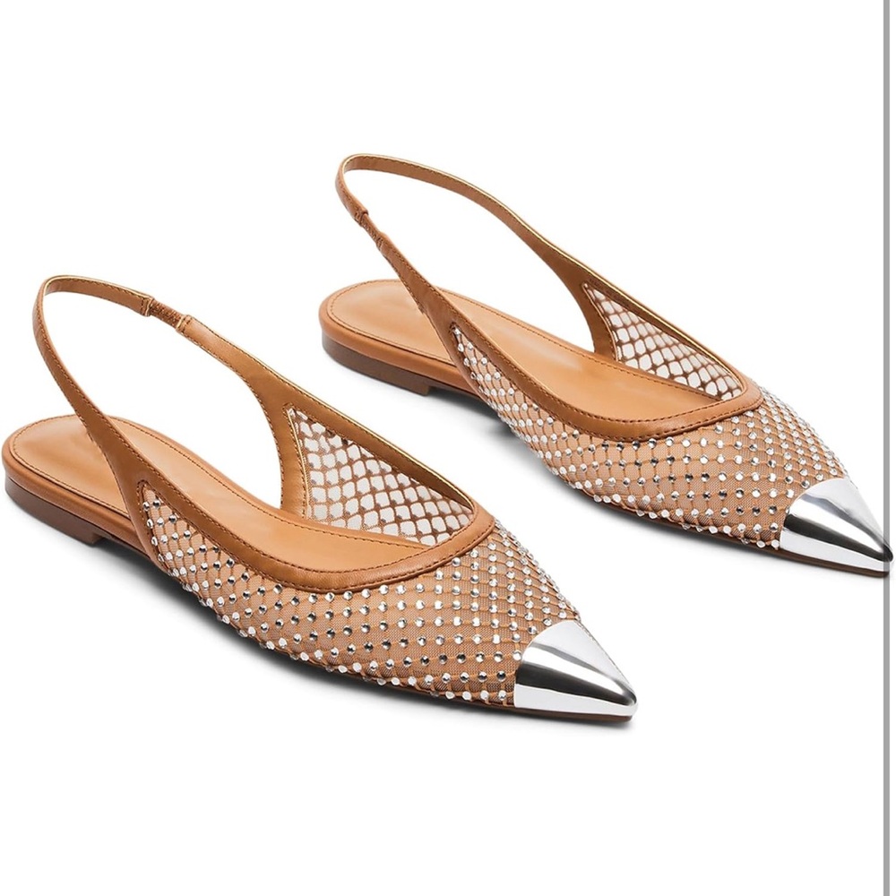 Studded Tan Slingback Flats with Metallic Cap Toe